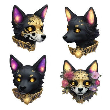 Black iridescent dog fox zombie skeleton gold mechanical nebula galaxy stars flowers fairy lights vintage sticker