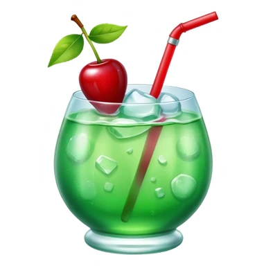 Create an emoji with a very clear rounded glass and ice, bright transparent green soda , a smooth vanilla scoop circle shape, a glossy red cherry, using vibrant colors, soft shading, and clear glass highlights.
 sticker
