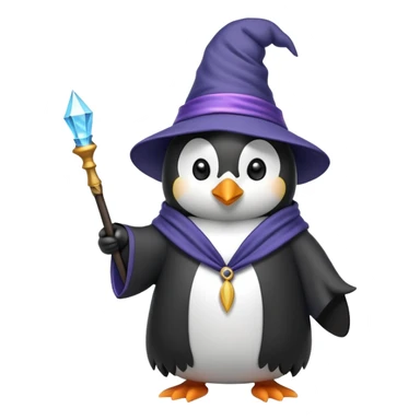 Penguin wearing a wizard hat and robe, holding a magic wand sticker