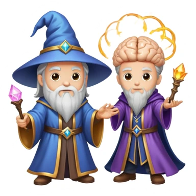 wizard and brain in a magical duel with glowing spell effects sticker