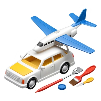 model-building tools like glue, paint, small paintbrushes, and pieces of a plastic model car or airplane in the process of being assembled. The design includes detailed textures of the model pieces and tools, capturing the focus and creativity of model building. Transparent background. sticker