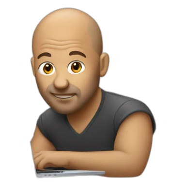 wild haired balding artist behind a macbook sticker