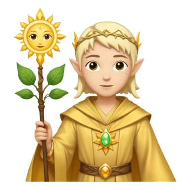 {
      "type": "human",
      "look": "light elf healer, golden robe, staff with leaf and sun motif",
      "description": "a light elf healer wearing a golden robe and holding a staff with leaf and sun symbols"
    } sticker