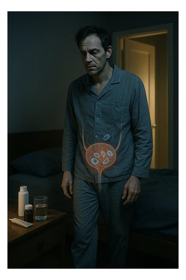 A cinematic night scene showing a man in his late 30s walking stanco verso il bagno in penombra, con la luce fioca che filtra da sotto la porta. Indossa abiti da notte sgualciti, ha un’espressione stanca e il volto scavato dalla mancanza di sonno. Sul comodino accanto al letto ci sono creme mediche, integratori e un bicchiere d’acqua. Una leggera sovrapposizione simbolica mostra, in trasparenza sul corpo, un’area anatomica maschile con presenza di microrganismi parassitari (raffigurati in stile medico-scientifico, non grottesco). Il contrasto visivo fa capire che la causa della nicturia è interna e nascosta, non visibile all’occhio umano. Illuminazione fredda, stile 35mm con profondità emotiva e sottile tensione clinica. sticker