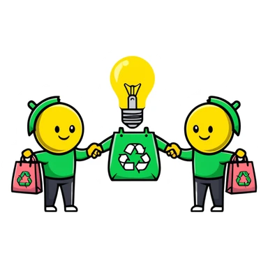 a lightbulb and a battery holding hands, each with recycling bags, walking to recycle sticker