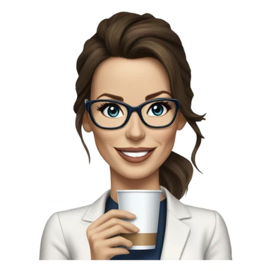 Hyper Realistic Kate Beckinsale dark blue eyes wearing glasses in a business dress drinking coffee happy  sticker