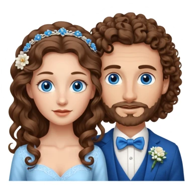 wedding couple, woman has very long and lightly curled brown hair and blue eyes, man has short light brown curly hair and facial hair with blue eyes sticker