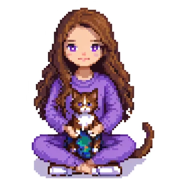 girl with long wavy brown hair and brown eyes wearing purple clothes sitting with a three-color cat pixel art sticker