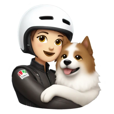 Girl biker white skin and brown short hair with a agv helmet hugging a Samoyed  sticker