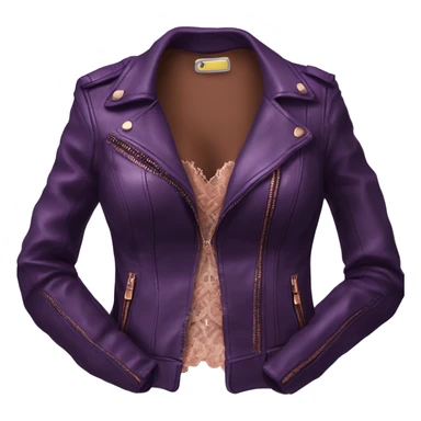 Realistic Isolated dark purple leather jacket open with rose gold lace bustier underneath.  sticker