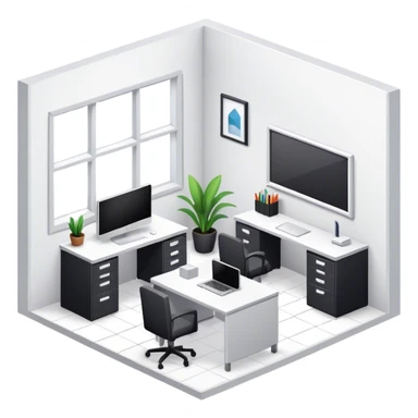 An isometric 3D room with two white walls that meet at the back left and right and a single Window. Black and White Office Room with a single desk sticker