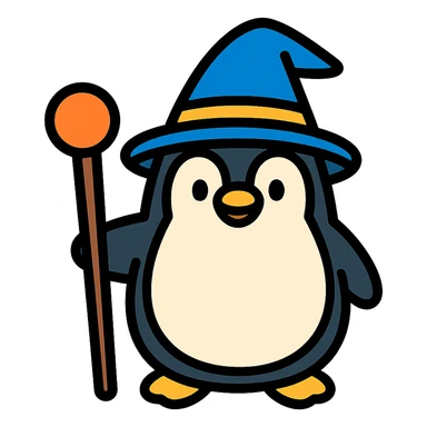 penguin wizard holding a staff, wearing a wizard hat, colored icon with black outlines sticker
