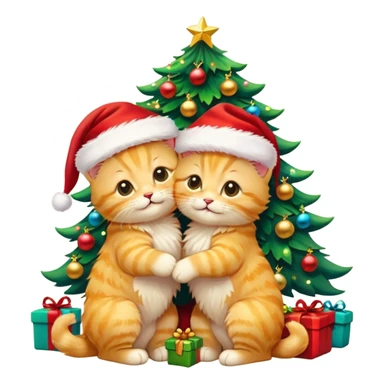 2 cute hugging happy fluffy golden kittens with Santa hats by a colorful multicolored brightly lit up Christmas tree sticker