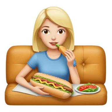 A woman on couch eating a sub and coloring  sticker