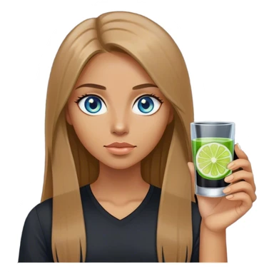 tan woman, black shirt, long light brown straight hair, grey blue eyes, holding a shot with lime sticker