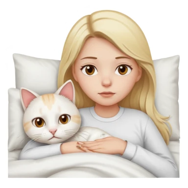 They recreate a photo of a blonde girl with light brown eyes, lying in bed sick with the flu, with her cat white nearby. sticker