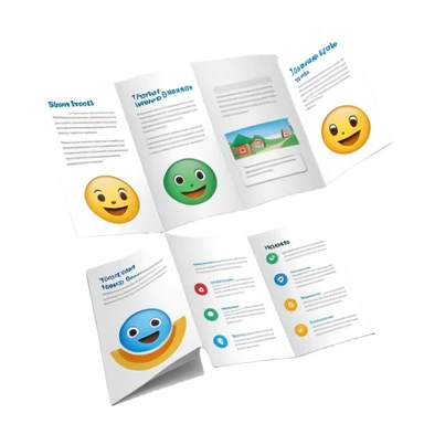 tri-fold brochure opened, with simple layout lines and image placeholders. sticker