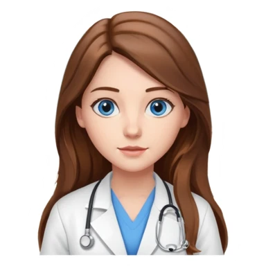 inside a classroom at university, a pretty female nursing student with long brown hair, blue eyes sticker