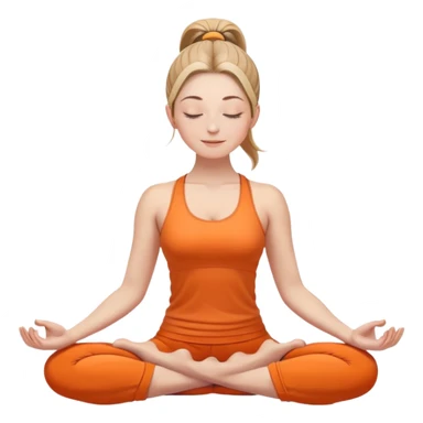 white woman with ponytail hairstyle in lotus position meditation yoga pose, closed eyes with a gentle smile, wearing orange yoga outfit sticker