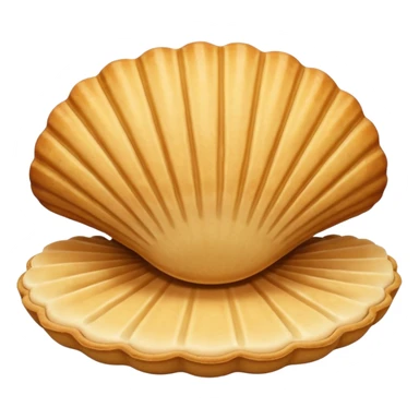 A madeleine pastry. Scalloped seashell shape with ONLY four to five vertical lines going in the same direction. Light golden brown. Scalloped edge. Cookie. Flat. Long. Oval shape. Lets scallops. sticker
