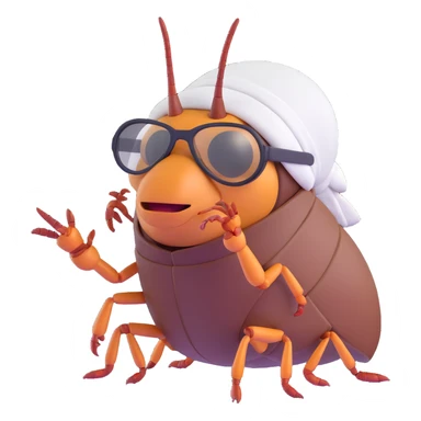 3D cockroach with a white turban, facemask, and nerd glasses, vibrant and fun sticker