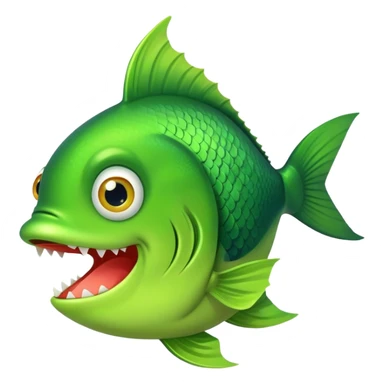 super derpy bright green fish shown from side profile facing right, but with both bulging eyes comically looking at viewer, buck teeth, drooling mouth, flat 2D side view only sticker