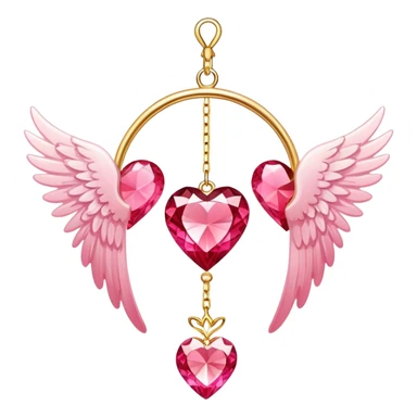 Reddish-pinkish and golden warm-colored romantic lush beautiful pretty hanging crystal-catcher aesthetic with hearts and sparkles and and white angel wings hanging from a gold chain sticker