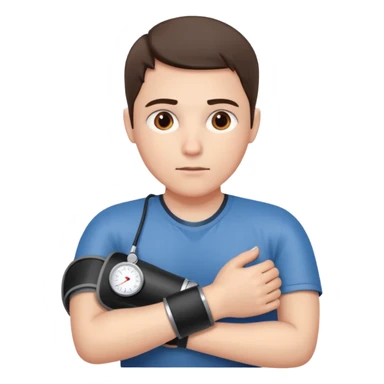 blood pressure cuff wrapped around upper arm with dial reading female sticker