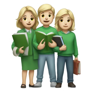 white three people in green clothes holding books sticker
