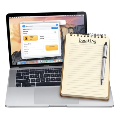 online booking system on MacBook screen next to an old-style paper notebook with a pen, both fully visible, no background, no cut-off edges sticker