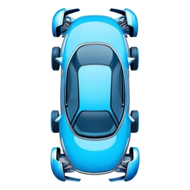 Top-down view of futuristic retro hover car with angular design and glowing blue wheels, flat vector style, minimal color palette with blue highlights sticker