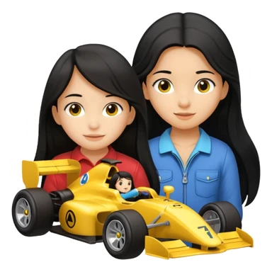black long black haired girl kid playing yellow colored formula 1 car toy sticker