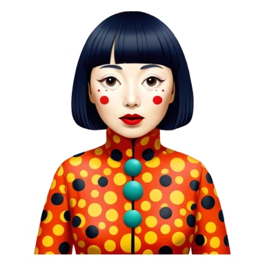 Yayoi Kusama – Cinematic Realistic Portrait of Yayoi Kusama, depicted as an avant-garde artist with an eccentric, captivating expression surrounded by her iconic polka dot patterns, rendered with vivid textures and imaginative lighting that evokes her unique, surreal creative world. sticker
