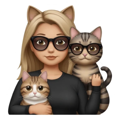 a single white woman with long light brown ombre hair past shoulders, wearing black clothes, smirking, very opaque black sunglasses, standing next to a chubby grey tabby cat with tabby stripes, also smirking and wearing very opaque black sunglasses, both centered together, simple neutral background sticker