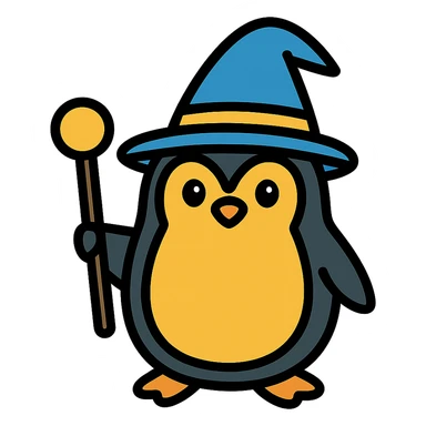 A penguin wizard holding a magic staff in color outline icon style, no background sticker