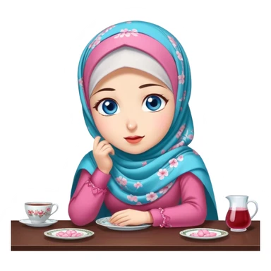Turkish beautiful finish Konya girl blue eyes with cherry blossom floral hijab islamic dress and with yummy Drooling face on the table sticker