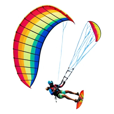 A vibrant kite soaring high in the sky, attached to a kiteboarder riding the waves below. The scene is filled with bright colors, capturing the energy of the sport. The background features the ocean, wind-blown waves, and a clear sky, showcasing the excitement and freedom of kiting. sticker