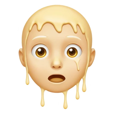 surprised face, classic emoji, 😮, yellow circular, genderless, hairless, white cream dripping from cheeks, white cream in mouth sticker