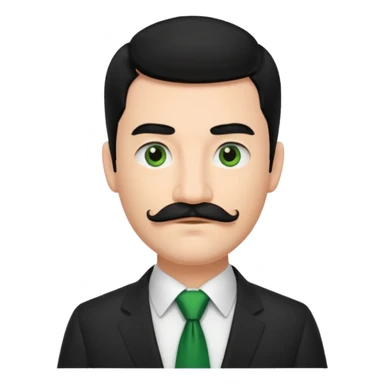 ["Fair-skinned man with black hair and a moustache, wearing a dark suit and green tie."] sticker