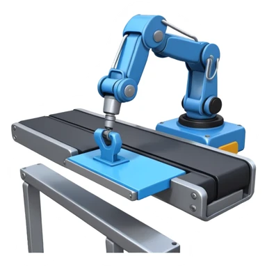 robot arm which is picking blue block on conveyor belt sticker