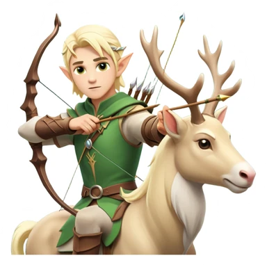 clash-of-clans-aesthetic-blond-male elf-archer-portrait-emoji, rendered in a flat, vector-style with minimal shading and bold holding his bow, simplified shapes, head tilted slightly forward with a determined, focused expression, riding a majestic white stag whose antlers glow with mystical energy, set against an ancient, enchanted forest backdrop. sticker