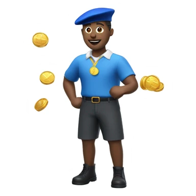 3d rendering man with floating three golden coins, blue beret, blue suitcase, white t-shirt, black eyes, red lip, blue short pants, ivory skin sticker