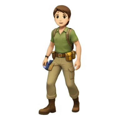 an adventure game, inspired by Uncharted-2. The design features a rugged explorer navigating through ancient ruins, with treasure and obstacles in the background. A dynamic environment with jungle, cliffs, and puzzles highlights the thrill of discovery and action. Transparent background. sticker