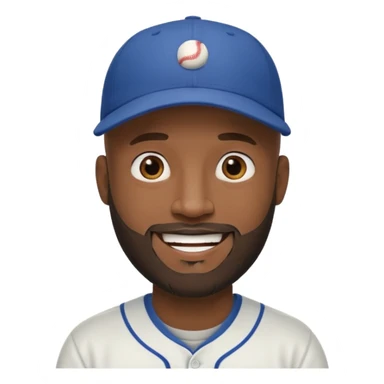 Man with bald head and beard and slightly dark skin wearing a baseball cap sticker