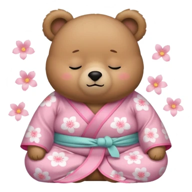 A cute chubby light-brown bear wearing a pastel pink sakura-patterned kimono, body and round head, adorable simple face, sleepy half-closed eyes, small blush on cheeks, sitting while dozing off, tiny “zzz” floating above the head sticker