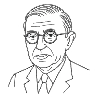 a hand drawn black outline portrait of Jean-Paul Sartre with similar-sized eyes based a famous portrait of him sticker