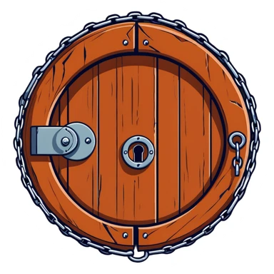 A rusty chain wrapped tightly around a round wooden hobbit-style door with a large padlock sticker