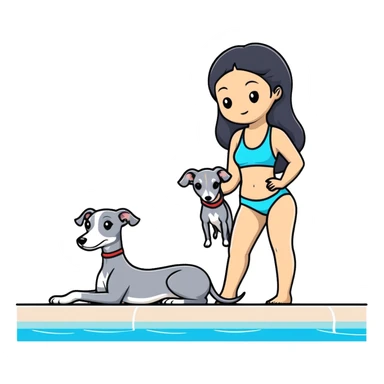 Slim Chinese woman with long black hair in appropriate pool attire at an indoor swimming pool with her Italian greyhound that is COMPLETELY solid grey, with absolutely NO white markings anywhere, single uniform grey color throughout entire dog body sticker