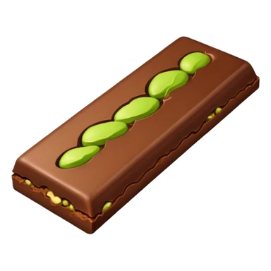a half-eaten chocolate bar. chocolate filling - pistachio paste green sticker