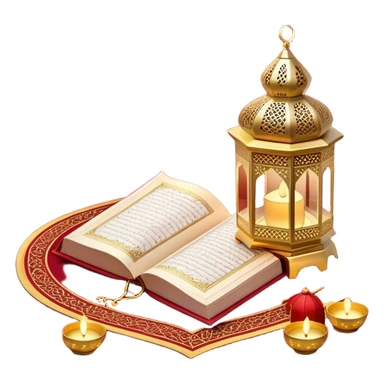 beautifully serene Ramadan-themed setup featuring an open Quran placed on a rich red prayer mat, accompanied by a glowing ornate lantern. String lights with hanging lanterns and stars illuminate the background, creating a peaceful and spiritual ambiance. sticker
